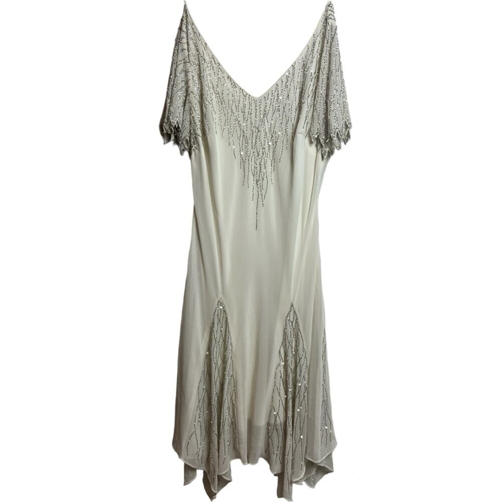 J KARA WOMEN'S HANKY HEM FLUTTER SLEEVE WHITE SHORT BEADED DRESS 16 BRAND NEW